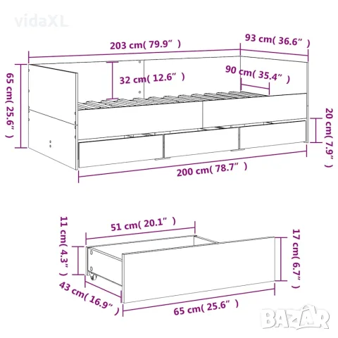 vidaXL Дневно легло с чекмеджета, без матрак, сонома дъб, 90x200 см, снимка 10 - Спални и легла - 56146817