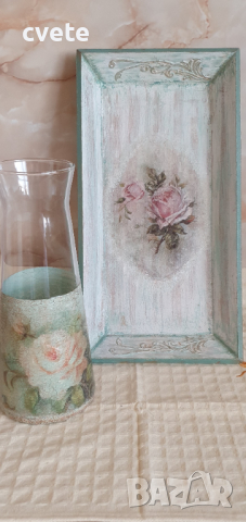  Стъклена ваза винтидж стил, ръчно декорирана с декупаж, снимка 6 - Вази - 44679516