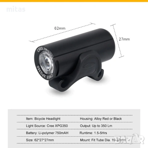 Предна LED светлина за велосипед RAYPAL – 350 lum, USB, Алуминий, 53g, снимка 7 - Аксесоари за велосипеди - 29813913