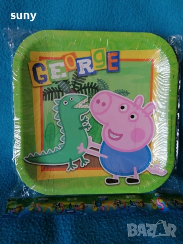 Парти чинийки Джордж Пепа пиг,чашки,салфетки,салмки,свирки,картонена торта,покани,покривка,медали, снимка 3 - Други - 51897565