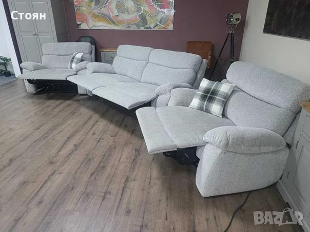 Сив комплект от плат диван тройка с два фотьойла с релакс механизъм, снимка 8 - Дивани и мека мебел - 44701681