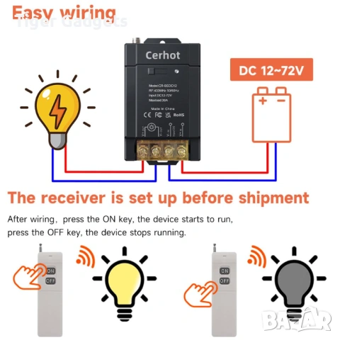 Cerhot YL01A-220 безжично реле с 2 дистанционни 12V-72V 30A 3000м, снимка 3 - Друга електроника - 54143317