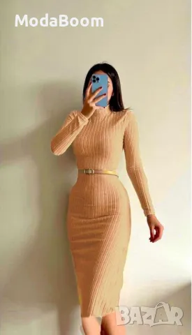 Промоция💥Рипсена полиамидна трико рокля в сив и бежов цвят, снимка 2 - Рокли - 48063169