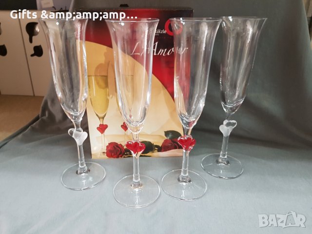 Стъклен сет от две чаши за шампанско - с червени или бели сърца, снимка 2 - Чаши - 35593097