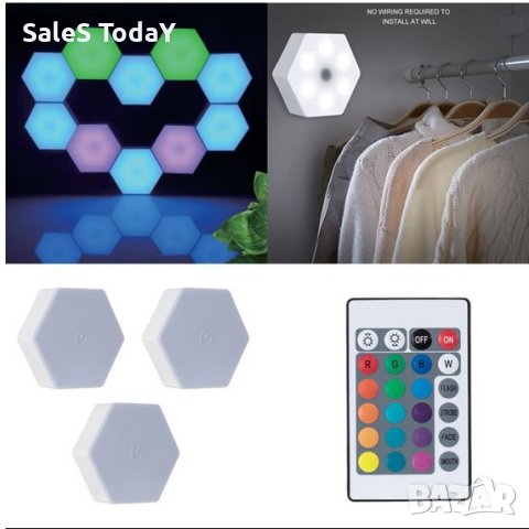 Лед светлина за стена, LED, Стенни Плочки LED, 3бр с дистанционно