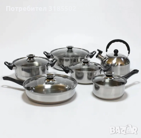 Комплект от 12 части за всяка кухня. 3бр тенджери, тиган, касерола и чайник и капаци, снимка 6 - Прибори за хранене, готвене и сервиране - 51433529