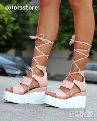 Сандали на платформа - пудра кожа с бяло ходило - 307 