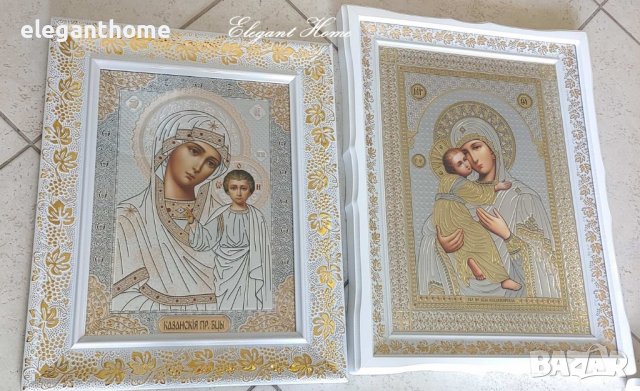 Икона "Света Казанска Богородица" с бяла рамка със златни орнаменти и стъкло, снимка 2 - Икони - 37639199