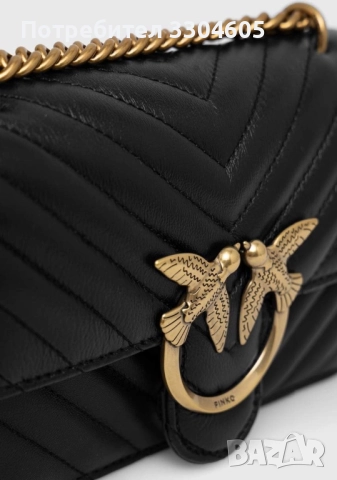 PINKO Черна Кожена Чанта За През Рамо Love One, снимка 3 - Чанти - 52957422