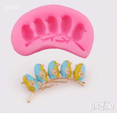 5 наредени птиченца птички силиконов молд форма декорация украса фондан торта мъфини смола брошка