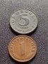 Две монети 1 райхспфенинг 1939г. Трети райх с СХВАСТИКА / 5 гроша 1950г. Австрия редки 28601, снимка 1