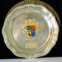 Посребрено плато с позлатен герб,маркировка. , снимка 4 - Антикварни и старинни предмети - 36814207