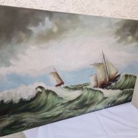 Картина "Буря в морето" - маслени бои на платно - 60/40см, снимка 4 - Антикварни и старинни предмети - 39013213