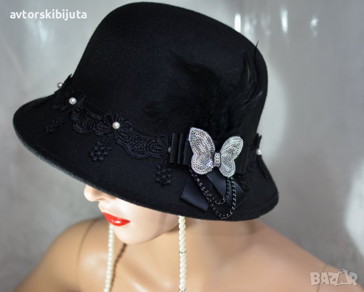 ⚜️ Черна шапка филц с перли №3060, снимка 1