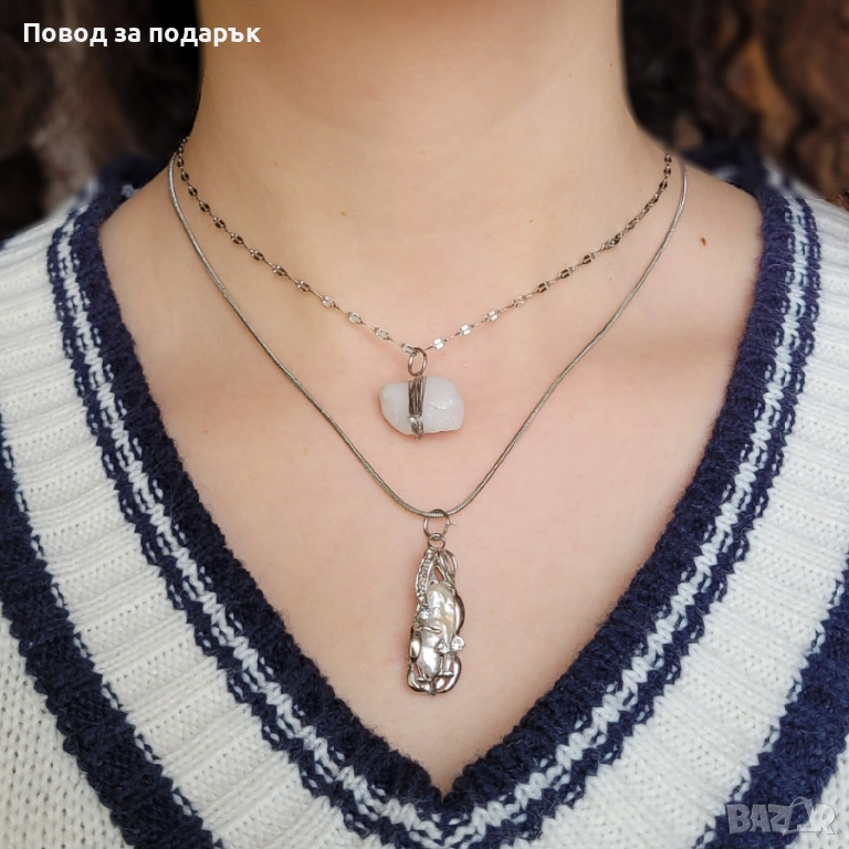 Двуслойно колие с естествен кварц и перла обвита с циркони, снимка 1