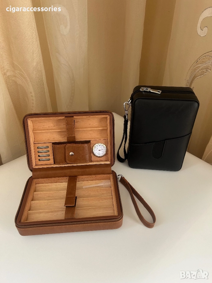 Преносим хумидор от естествена кожа и кедър за 6 пури, снимка 1