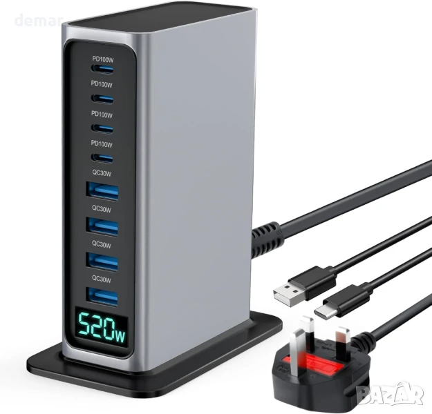 520W GaN станция за бързо зареждане, 4×USB-C (100W) и 4×USB-A (30W), снимка 1