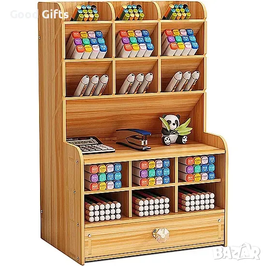 Дървен Органайзер за бюро с отделения за химикалки и моливи, снимка 1