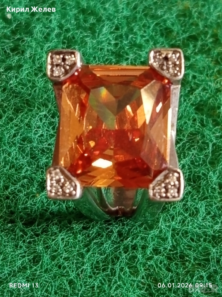 Екстравагантен сребърен пръстен тип Коктейлен пръстен с ЦИТРИН и инкрустирани кристали 51806, снимка 1