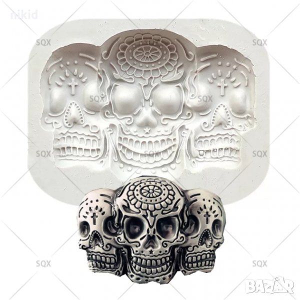 3 черепа черепи слепени череп силиконов молд форма декор торта сладки фондан гипс шоколад, снимка 1
