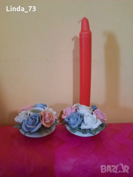 Свещник-порцелан с цветни рози-2бр. Внос Германия., снимка 1