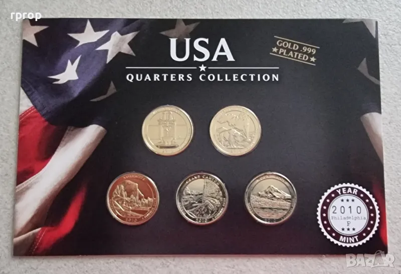 САЩ. ¼ долар. Позлатена серия. С 999 карата злато.
2010 година.Филаделфия., снимка 1
