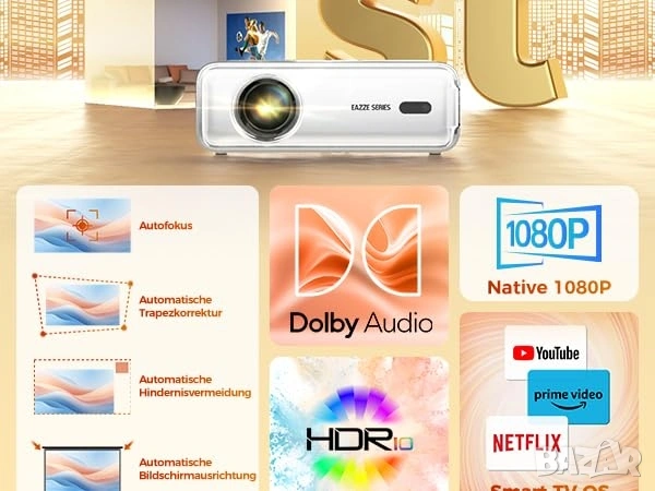 Смарт Проектор с Автофокус, Dolby Audio, HDR10 и Native 1080P, Aurzen EAZZE D1, снимка 9 - Плейъри, домашно кино, прожектори - 53315423
