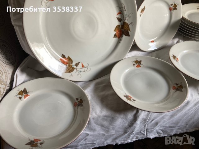 Голяма чиния/ плато с 6 малки чинии, есенни листа на Дянко Стефанов, ретро порцелан, снимка 4 - Сервизи - 39581837
