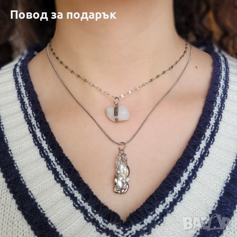 Двуслойно колие с естествен кварц и перла обвита с циркони