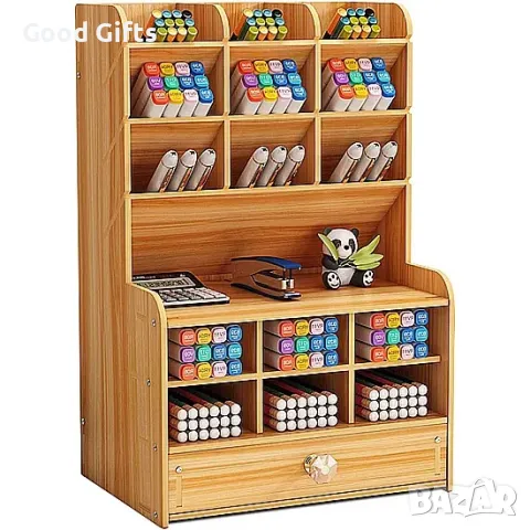 Дървен Органайзер за бюро с отделения за химикалки и моливи