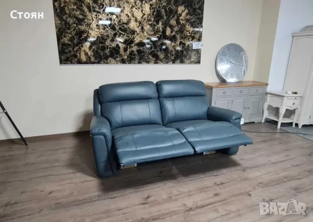 Тюркоазено син кожен диван тройка с ел. релакс механизъм La-z-boy, снимка 9 - Дивани и мека мебел - 49936235