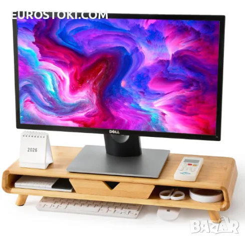 Поставка за монитор Homerays Bamboo, стилна дървена стойка за монитор / лаптоп от бамбук, с чекмедже