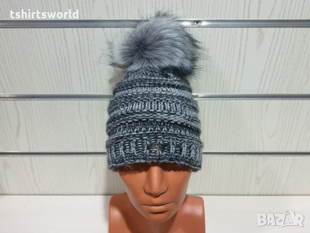 Нова дамска плетена шапка сив меланж с помпон/пух, снимка 5 - Шапки - 30963330