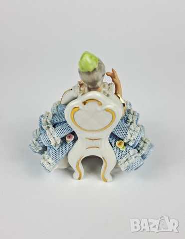 Порцеланова балерина със синя рокля, седнала на стол - Sandizell, Dresden, снимка 3 - Статуетки - 52680377
