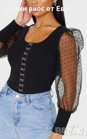 PrettyLittleThing черен топ тип корсет с органза ръкави XS, снимка 2 - Корсети, бюстиета, топове - 34293522