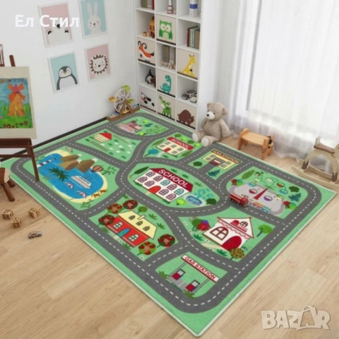 Детски килим за игра 120х160см - Зелен килим с училище и пътища, противоплъзгащ и миещ се, снимка 4 - Други - 53928210
