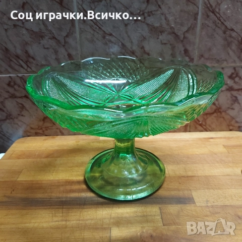 Стара Стъклена Зелена Фруктиера , снимка 2 - Колекции - 52503213