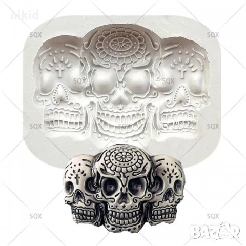 3 черепа черепи слепени череп силиконов молд форма декор торта сладки фондан гипс шоколад, снимка 1 - Форми - 31124196