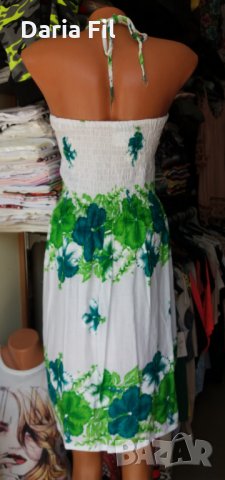 Бяла рокля на зелени цветя с тънки презрамки и ластично бюстие в горната си , снимка 3 - Рокли - 29176355