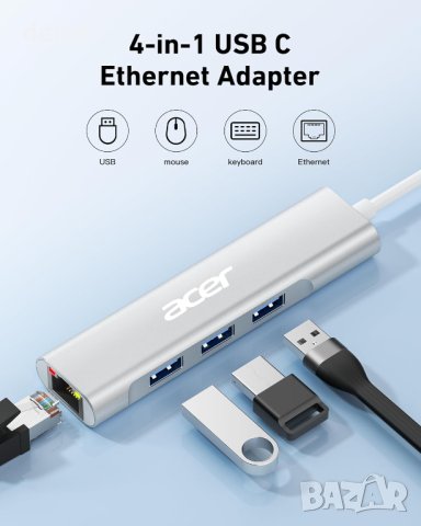 Acer USB C към Ethernet адаптер, 4-в-1 USB C хъб с 3 USB A 3.1 и 1Gbps RJ45 мрежа, снимка 2 - Кабели и адаптери - 44480483