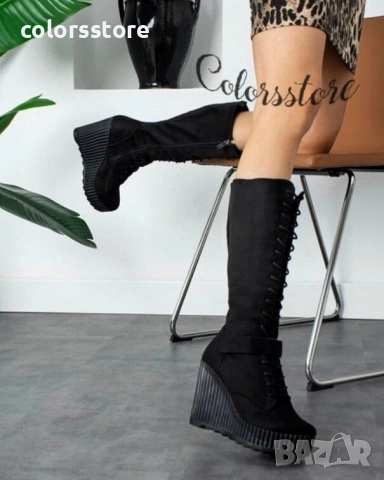 Ботуши на платформа - черен велур с черно ходило - 1905