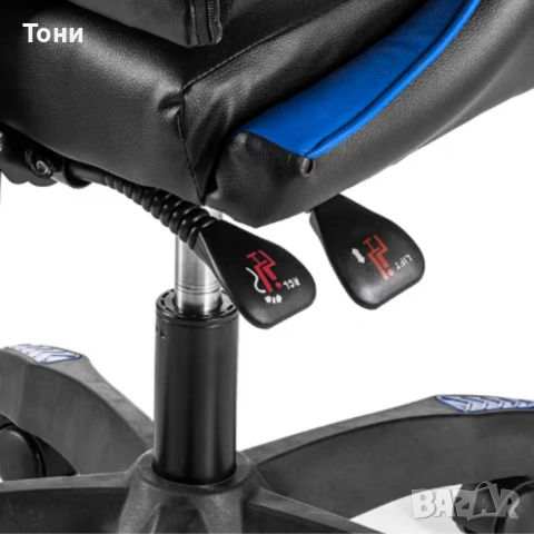 Геймърски стол с поставка за крака – черно-син, въртящ, с масажна функция и спортен дизайн, снимка 7 - Столове за офис - 53239998