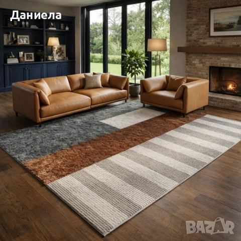 Модерен килим за хол 120х160см - Кафяв меланж с бежови райета и 3D ефект, Противоплъзгащ, снимка 3 - Килими - 53882115