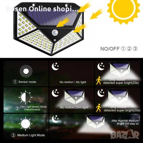 Мощна Соларна Лампа 100 Диода със сензор за движение, снимка 5 - Лед осветление - 35400513