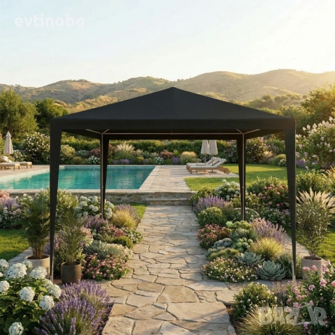 Градинска шатра тип „павилион“, 3x3м, Водоустойчива, Прахово боядисана стоманена рамка, Сива, снимка 2 - Градински мебели, декорация  - 53927431