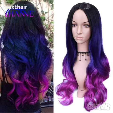 Три цветна перука черно лилаво розова, снимка 3 - Аксесоари за коса - 50649870