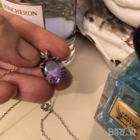 Сребърен синджир с висулка аметист , снимка 4 - Колиета, медальони, синджири - 36952547