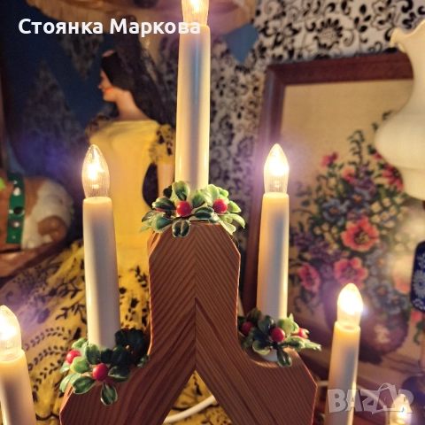 Дървен Коледен свещник с лампички, снимка 2 - Коледни подаръци - 52654528