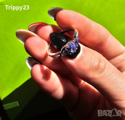 Пръстен с 3 Танзанита – Стерлингово Сребро с Родиево Покритие, 0.57 Cts, Размер N, снимка 3 - Пръстени - 53085265