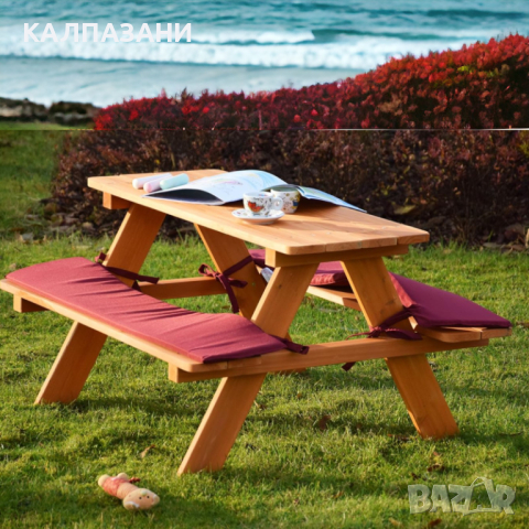 Градински Комплект GINGER HOME, Детска Маса за Пикник с Пейки и Меки Възглавници, Дървен, 89х79х50 с, снимка 11 - Други - 44670157